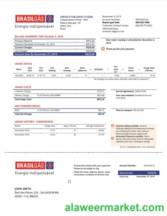 Brazil Gas utility bill template in Word and PDF format